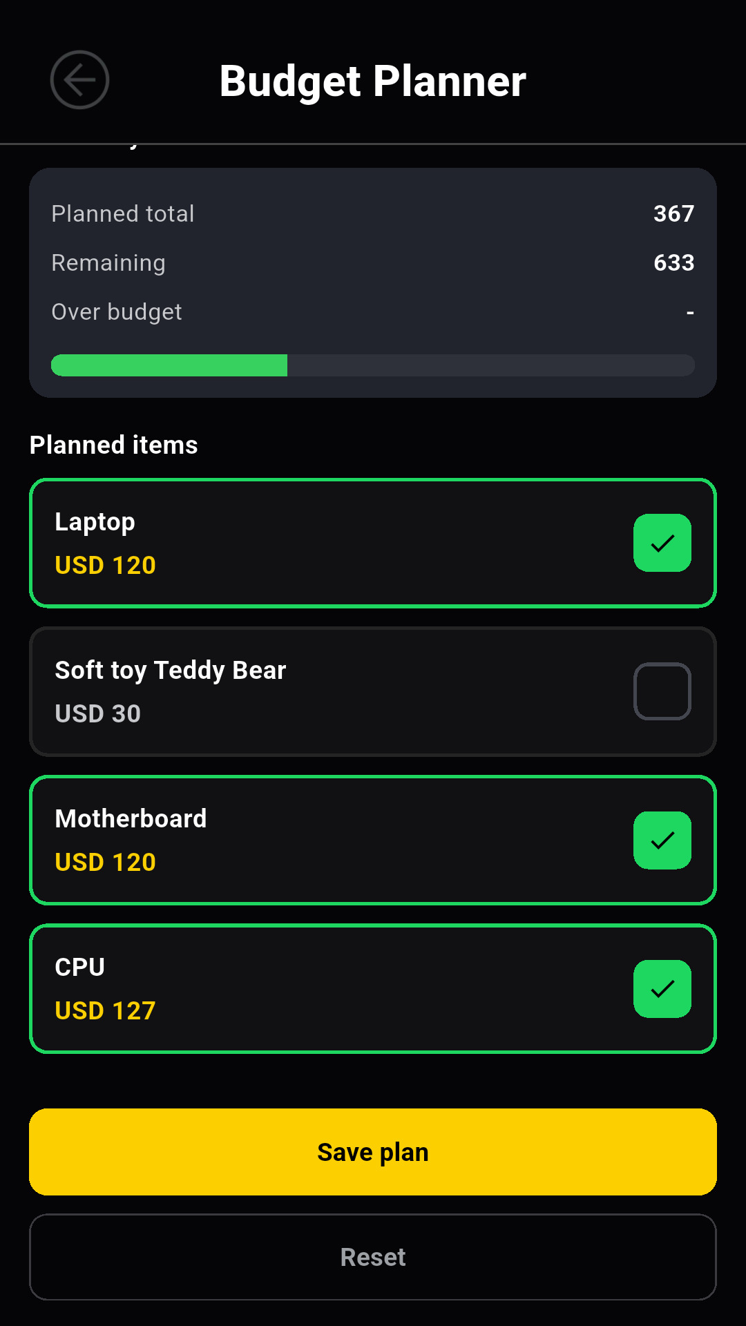 Budget Planner Screen
